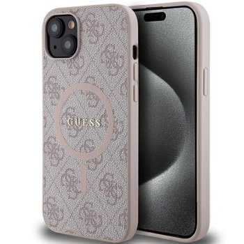 Apple iPhone 14 6.1'' Guess 4G Collection Leather Metal Logo MagSafe Case Cover, Pink