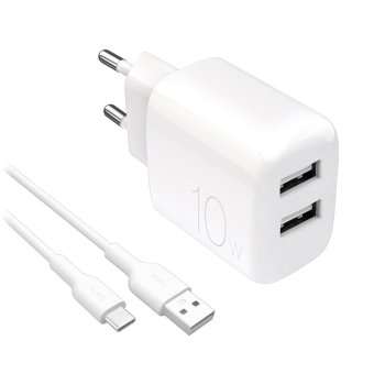 Puro PROLITE 10W įkroviklis su 2x USB-A ir USB-A - USB-C laidu 1.2m, baltas