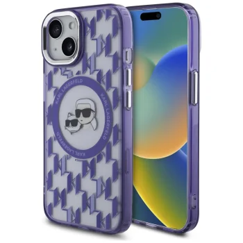 Karl Lagerfeld iPhone 15 dėklas IML Monogram Karl & Choupette MagSafe, violetinis