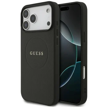 Dėklas Guess Grained Gold Ring MagSafe skirtas iPhone 18 Pro Max / 17 Pro Max, juodas