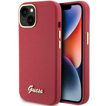 Guess Silicone Script Metal Logo & Frame dėklas iPhone 15 telefonui, raudonas