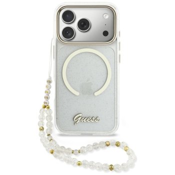Guess IML Glitters Script Strap MagSafe dėklas iPhone 17 Pro, skaidrus