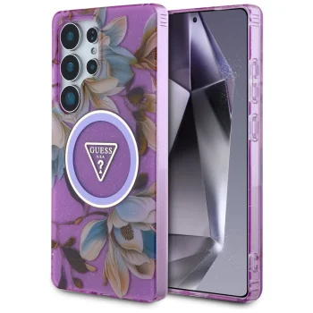 Guess Glitter Flowers MagSafe dėklas Samsung Galaxy S25 Ultra, violetinis