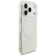 Guess IML Flowers Allover MagSafe dėklas iPhone 18 Pro / 17 Pro su perlų dirželiu, baltas