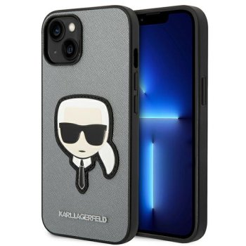 Karl Lagerfeld Saffiano Karl's Head Patch dėklas iPhone 14 Plus / 15 Plus, sidabrinis