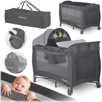Ricokids RK-242 kelioninė lovelė su čiužiniu ir krepšiu, 125x65x78 cm, antracito