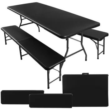 Gardlov Folding Garden Table 180cm with 2 Benches, Black