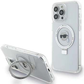 Karl Lagerfeld iPhone 15 Pro Case Ring Stand Karl Head MagSafe, White