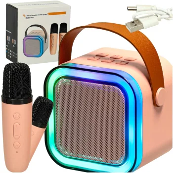 Vaikiškas karaokė rinkinys su „Bluetooth“ garsiakalbiu, RGB ir 2 mikrofonais 6W, Rožinis