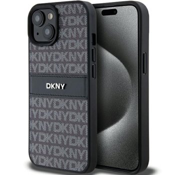 DKNY dėklas iPhone 15 / 14 / 13 modeliams Mono Stripe & Metal Logo, juodas