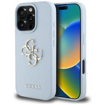 Guess PU Grained Big 4G dėklas iPhone 16 Pro Max telefonui, mėlynas