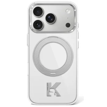 Karl Lagerfeld IML Ring Stand 360 Kameo Metal MagSafe dėklas iPhone 17/18 Pro Max, skaidrus