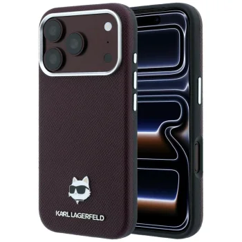 Karl Lagerfeld Grained Choupette Head Metal MagSafe dėklas iPhone 17 Pro / 18 Pro, bordo
