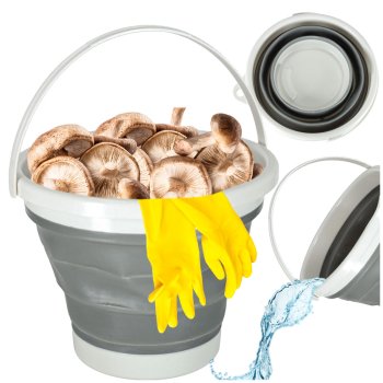 Collapsible silicone bucket with handle, 10L, for camping, mushrooms, fishing, grey
