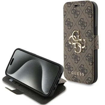 Guess 4G Metal Logo atverčiamas dėklas iPhone 15 / 14 / 13, rudas