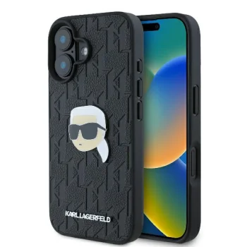 Karl Lagerfeld dėklas iPhone 16 telefonui Monogram Karl Head Pin, juodas