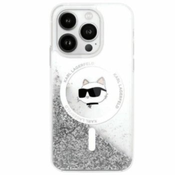 Karl Lagerfeld Liquid Glitter Choupette dėklas iPhone 16 telefonui, skaidrus