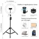 LED žiedinė lempa 26cm su stovu iki 1.1m ir telefono laikikliu, USB