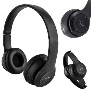 Belaidės ausinės P47 su „Bluetooth“, mikrofonu ir FM radiju, juodos