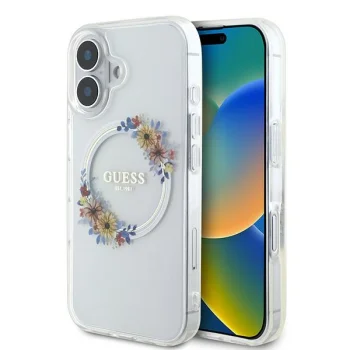 Dėklas Guess IML Flowers Wreath MagSafe skirtas iPhone 16 Plus, skaidrus