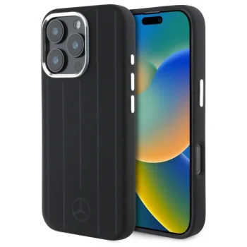 Mercedes dėklas iPhone 16 Pro telefonui Silicone Vertical Stripes MagSafe, juodas