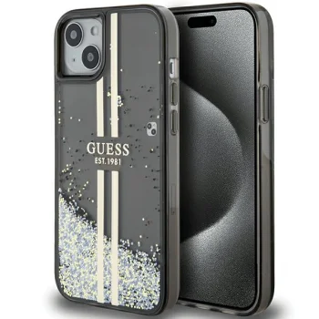 Guess dėklas iPhone 15 Plus / 14 Plus Liquid Glitter Gold Stripes, juodas
