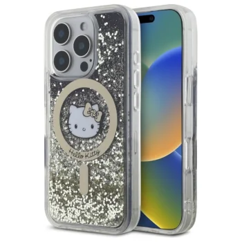 Hello Kitty dėklas iPhone 16 Pro telefonui Liquid Glitter Fever MagSafe, auksinis