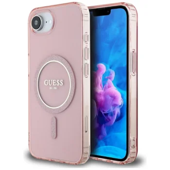 Guess IML Glitter Circle MagSafe dėklas iPhone 16e, rožinis
