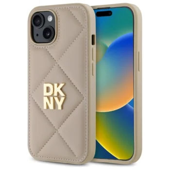 DKNY dėklas iPhone 15 telefonui Quilted Stack Logo, smėlio spalvos
