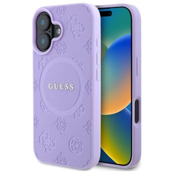 Guess Saffiano Peony Classic Logo MagSafe dėklas telefonui iPhone 16, violetinis