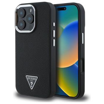 Guess Grained Triangle MagSafe dėklas iPhone 16 Pro Max telefonui, juodas