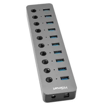 10 prievadų USB 3.0 šakotuvas su atskirais jungikliais ir maitinimu, tamsiai pilkas