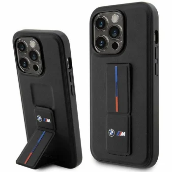 BMW dėklas iPhone 14 Pro Max telefonui su Grip Stand Hot Stamp, juodas