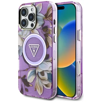 Guess Glitter Flowers Triangle Buttons MagSafe Phone Case Cover iPhone 16 Pro Max Purple