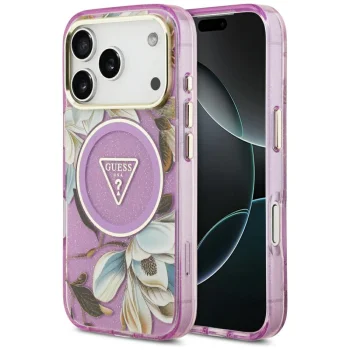 Guess IML Glitter Flowers Triangle MagSafe dėklas iPhone 17 Pro / 18 Pro, violetinis