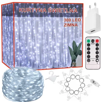 Vidinė 300 LED lempučių užuolaida su pulteliu, šalta balta, 3x2.9m