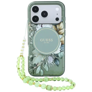 Guess IML Flowers Pearl Strap MagSafe case for iPhone 18 Pro Max / 17 Pro Max, green