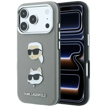 Karl Lagerfeld dėklas iPhone 18 Pro / 17 Pro Saffiano Pins & Logo, pilkas