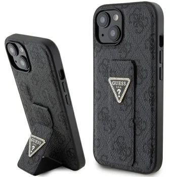 Guess Grip Stand 4G Triangle Strass dėklas iPhone 15 telefonui, juodas