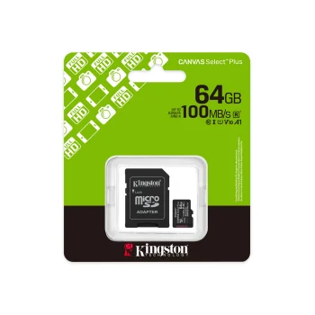 Kingston Canvas Select Plus Gen3 64GB microSD Memory Card (UHS-I 100 MB/s read) + Adapter