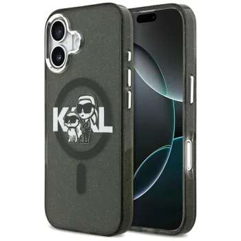 Karl Lagerfeld IML Glitter Karl & Choupette MagSafe dėklas iPhone 17, juodas
