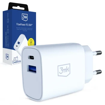 Tinklo įkroviklis 3Mk Protection FlowPower 30W, USB-C ir USB-A, baltas