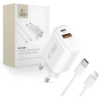 Tech-Protect NCA45W-GAN 2-Port 45W GaN sieninis įkroviklis, baltas