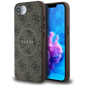 Guess 4G Ring Classic Logo MagSafe dėklas telefonui Apple iPhone 16e, rudas