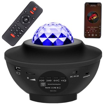 LED RGB žvaigždžių projektorius su Bluetooth garsiakalbiu ir pulteliu, juodas
