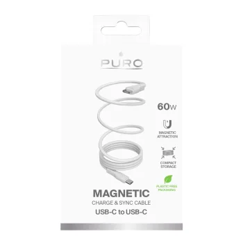 Puro Magnetinis USB-C į USB-C 60W laidas, 1m, baltas