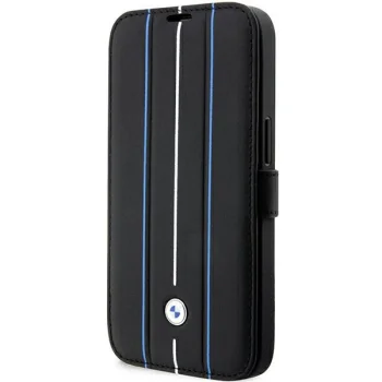 BMW Leather Stamp Blue Lines atverčiamasis dėklas iPhone 14 Pro, juodas