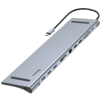 Baseus USB-C šakotuvas-adapteris (2x HDMI, VGA, LAN, 3x USB, SD/TF, PD 100W, Aux)