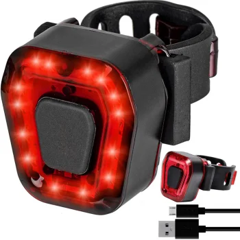 Galinis dviračio žibintas 14 LED, įkraunamas USB, raudona šviesa, juodas