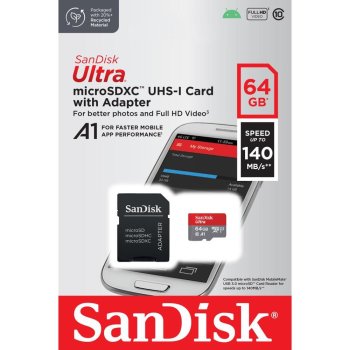 SanDisk Ultra 64GB microSDXC atminties kortelė su SD adapteriu, 140MB/s